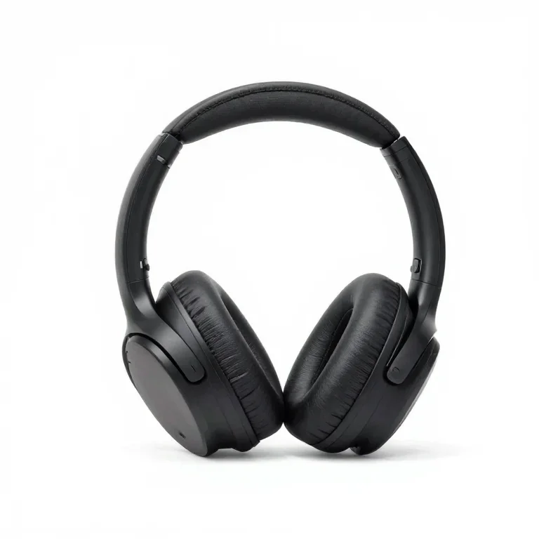 a pair of over-ear headphones in matte black, three-quarter view, single item fully visible a...