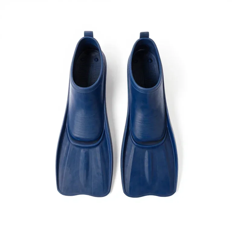 a pair of rubber swim fins, three-quarter view, single item fully visible and centred, isolat...