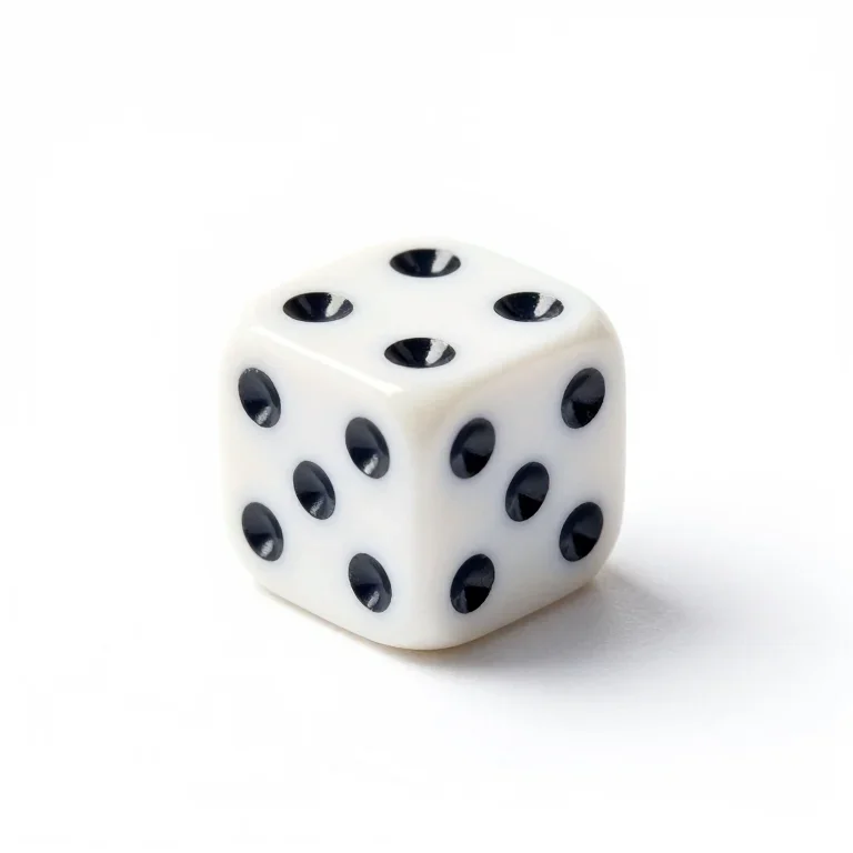 a pair of white casino dice with drilled pips, three-quarter view, single item fully visible...