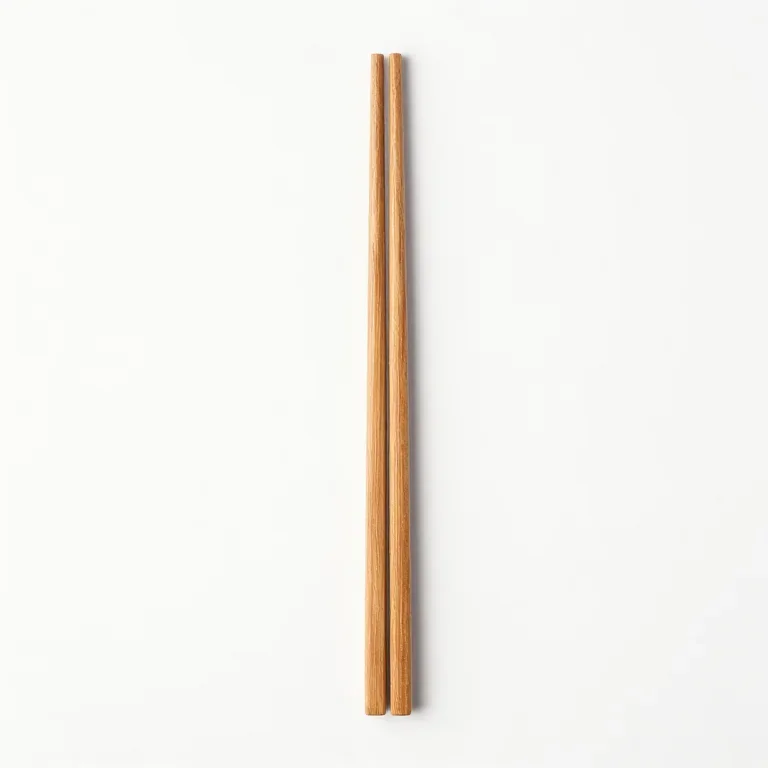 a pair of wooden chopsticks resting on a holder, top-down view, single item fully visible and...
