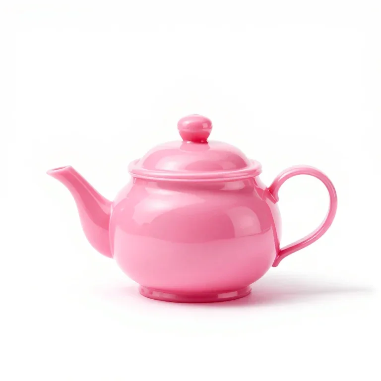 a pink plastic tea set sized for a dollhouse, front view, single item fully visible and centr...