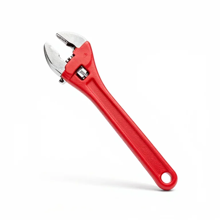 a pipe wrench with a red handle, side view, single item fully visible and centred, isolated o...