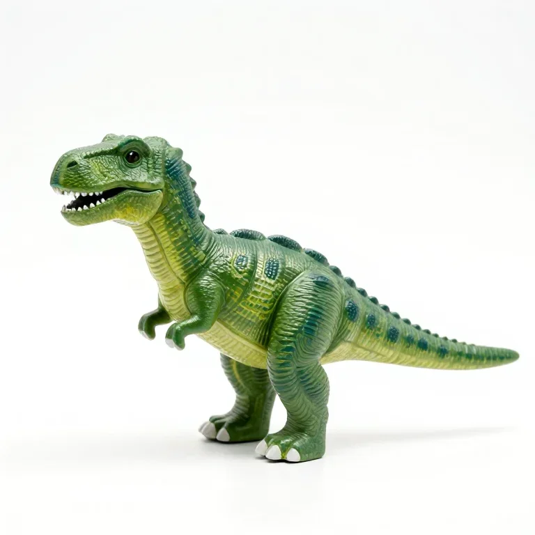 a plastic dinosaur figure in mottled green, side view, single item fully visible and centred,...