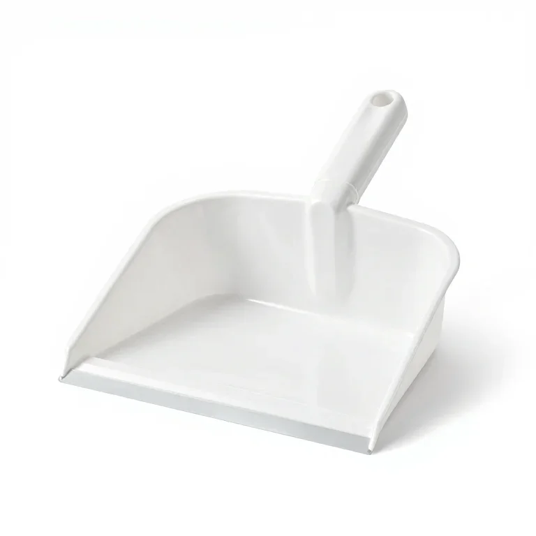 a plastic dustpan with a short handle, three-quarter view, single item fully visible and cent...