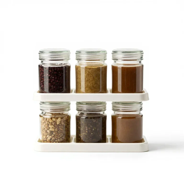 a plastic spice rack holding two rows of jars, front view, single item fully visible and cent...