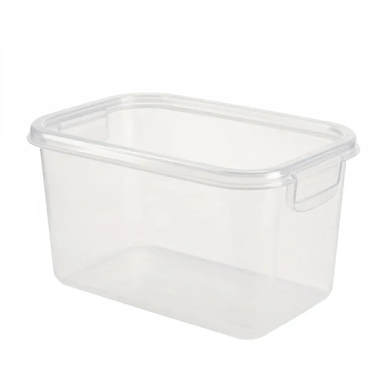 a plastic storage tote with a hinged lid, three-quarter view, single item fully visible and c...