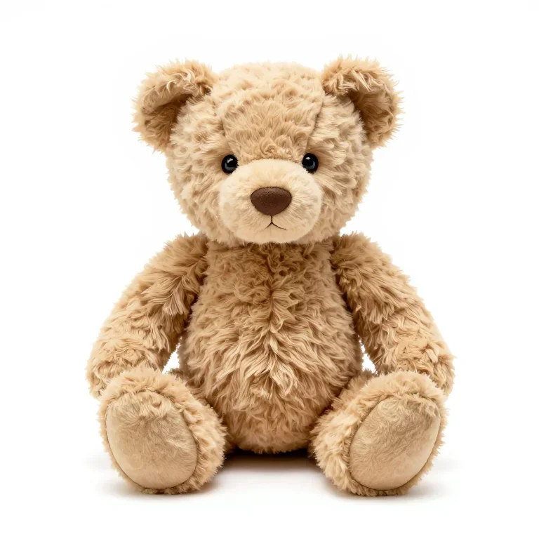 a plush teddy bear in tan mohair, seated, front view, single item fully visible and centred,...