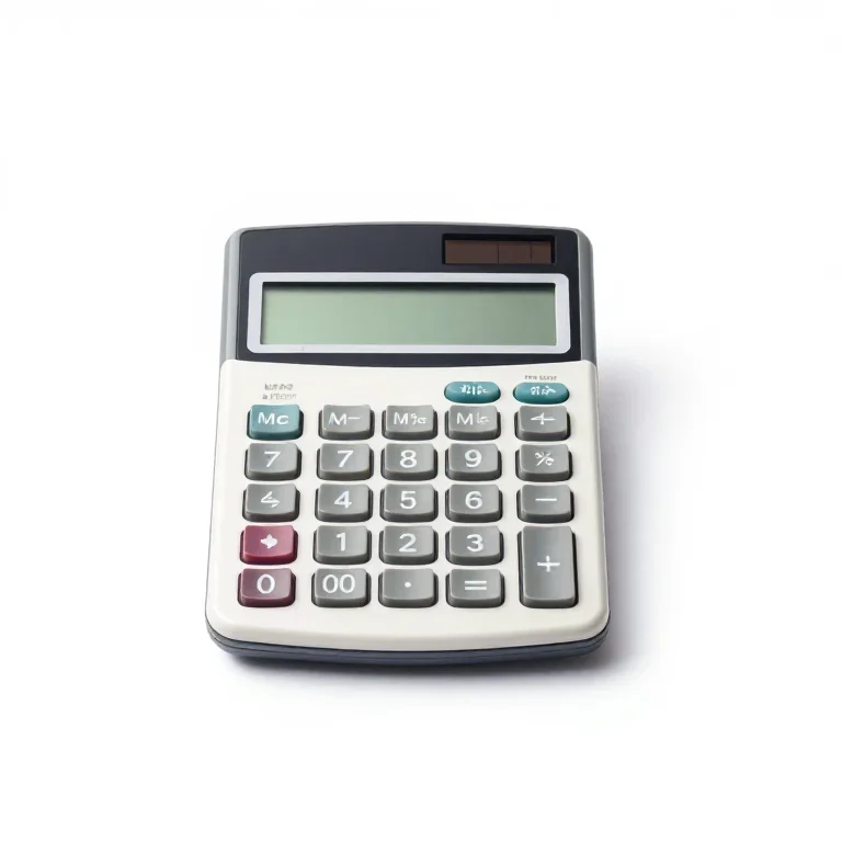a pocket calculator with a rubber keypad, front view, single item fully visible and centred,...