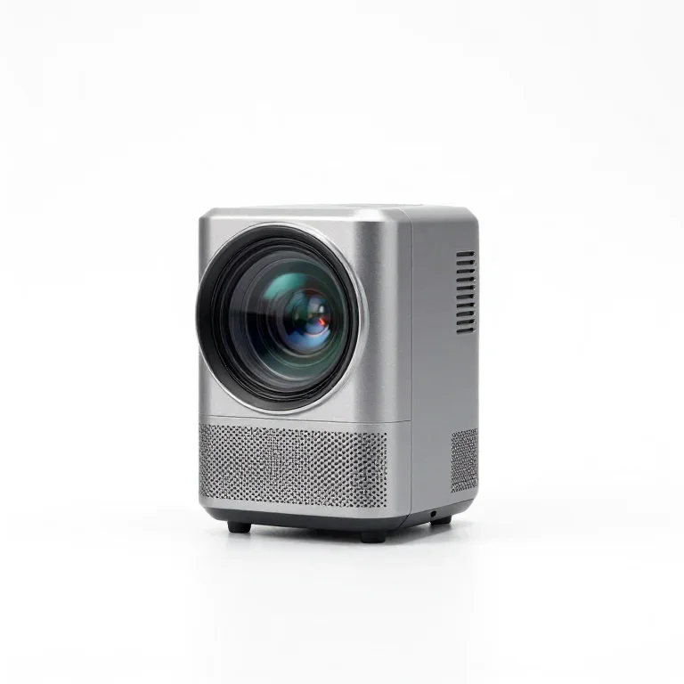 a pocket projector with a glass lens, three-quarter view, single item fully visible and centr...