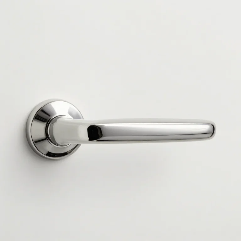 a polished door handle lever on a rose, side view, single item fully visible and centred, iso...