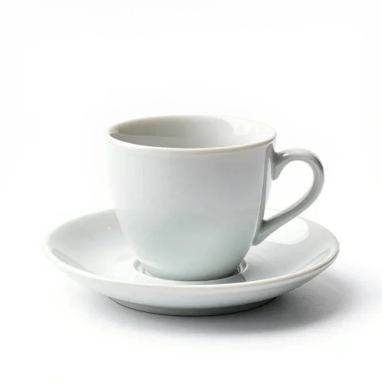 a porcelain espresso cup on a matching saucer, three-quarter view, single item fully visible...