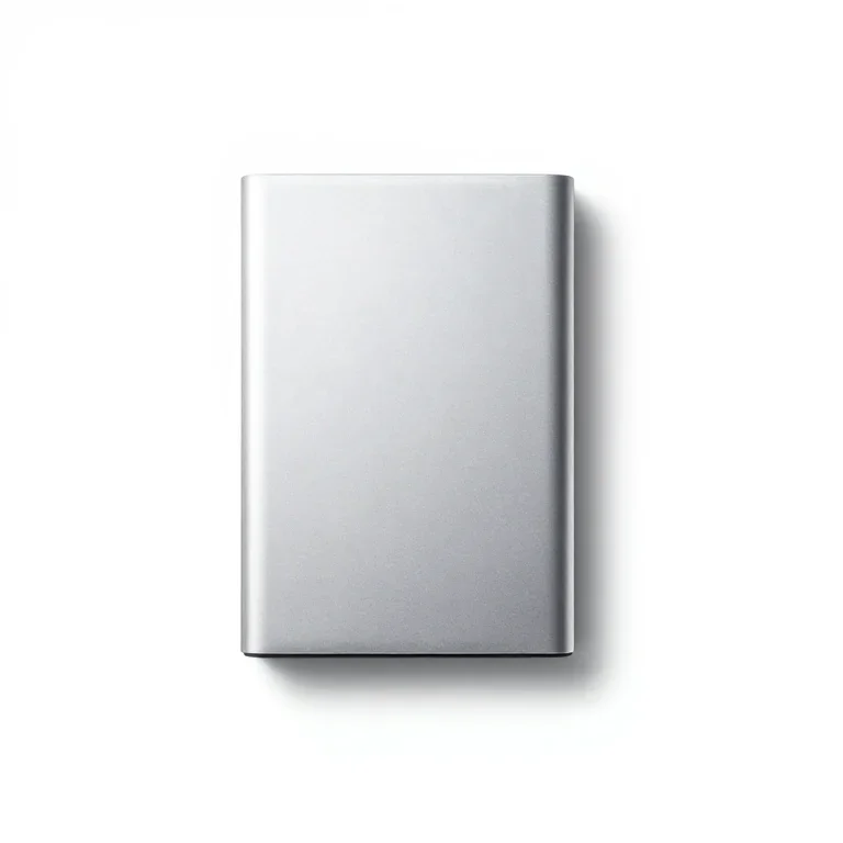 a portable hard drive in an aluminium case, top-down view, single item fully visible and cent...