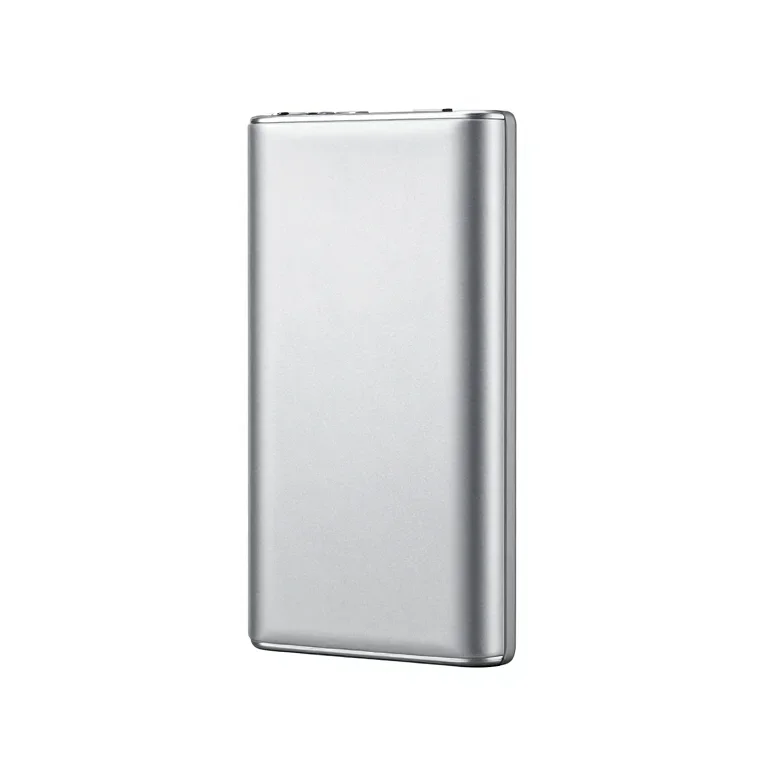 a power bank in an aluminium shell, three-quarter view, single item fully visible and centred...