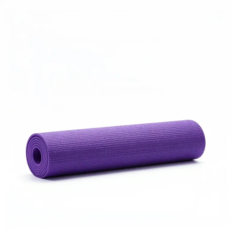 a purple yoga mat rolled up, side view, single item fully visible and centred, isolated on a...