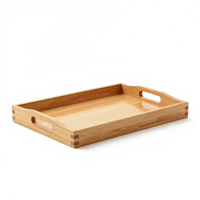 a rectangular wooden serving tray with cutout handles, three-quarter view, single item fully...