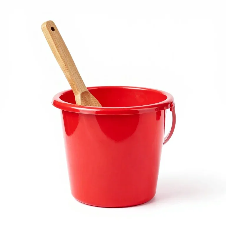 a red plastic bucket with a wooden spade, front view, single item fully visible and centred,...