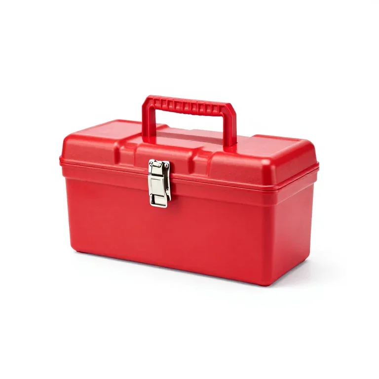 a red plastic tool box with a steel latch, three-quarter view, single item fully visible and...