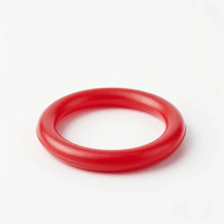 a red rubber ring toss toy, three-quarter view, single item fully visible and centred, isolat...