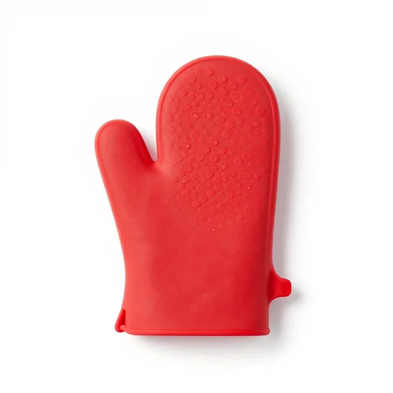 a red silicone oven mitt, front view, single item fully visible and centred, isolated on a pu...