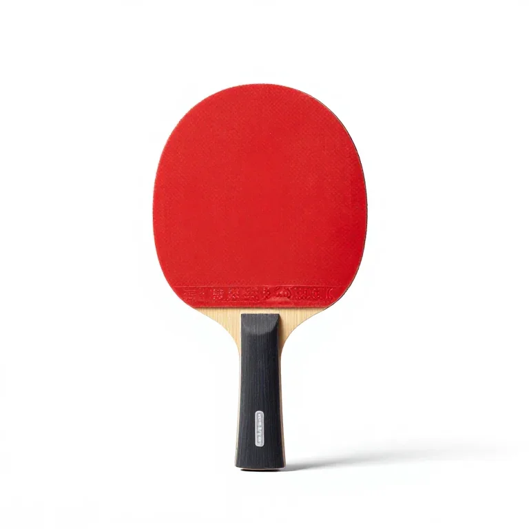 a red table tennis paddle with a rubber face, front view, single item fully visible and centr...