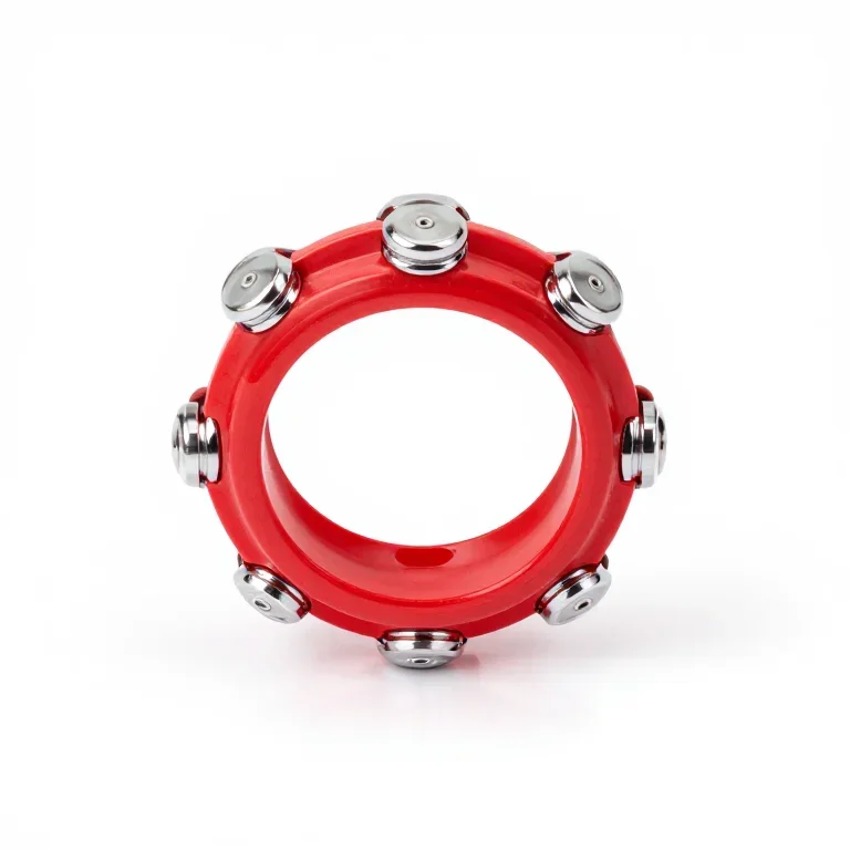 a red tambourine with chrome jingles, front view, single item fully visible and centred, isol...
