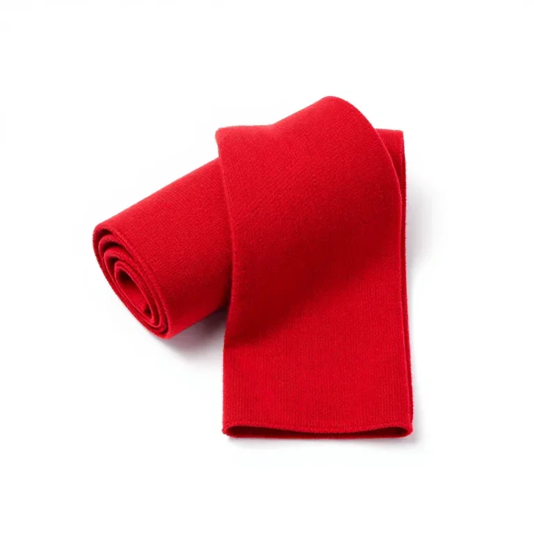 a red wool scarf rolled up, three-quarter view, single item fully visible and centred, isolat...