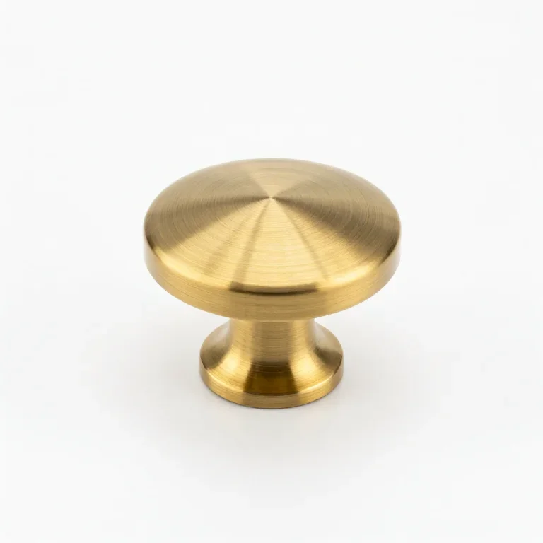 a round cabinet knob in brushed brass, three-quarter view, single item fully visible and cent...