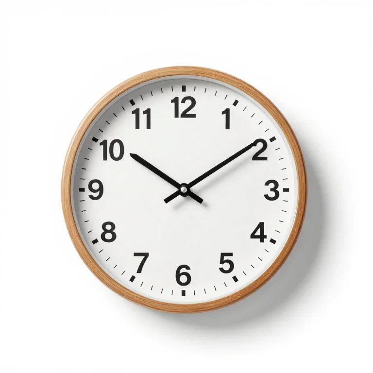 a round wall clock with a wooden frame, front view, single item fully visible and centred, is...