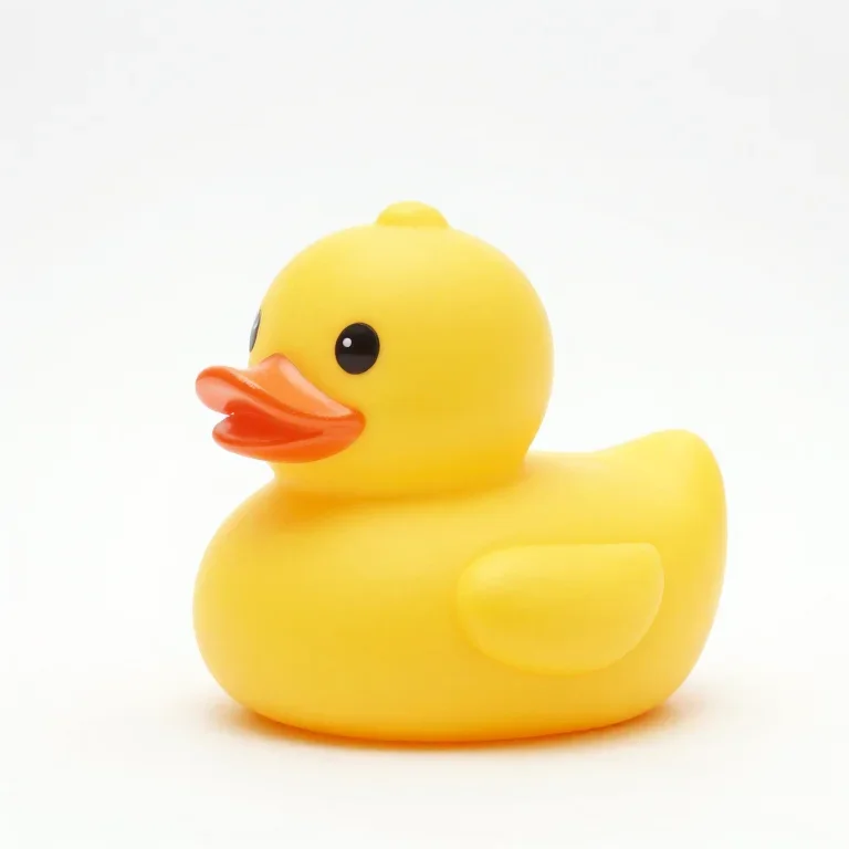 a rubber duck toy in bright yellow, side view, single item fully visible and centred, isolate...