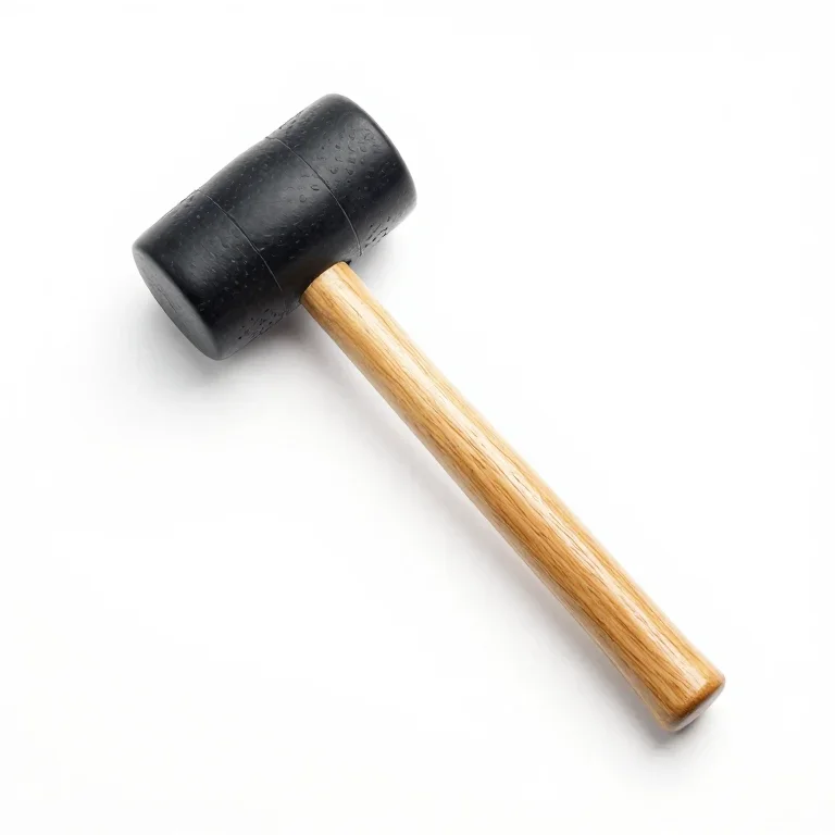 a rubber mallet with a wooden shaft, side view, single item fully visible and centred, isolat...