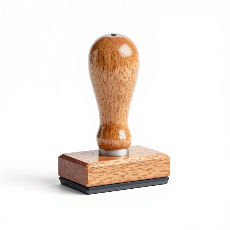 a rubber stamp with a turned wooden handle, three-quarter view, single item fully visible and...