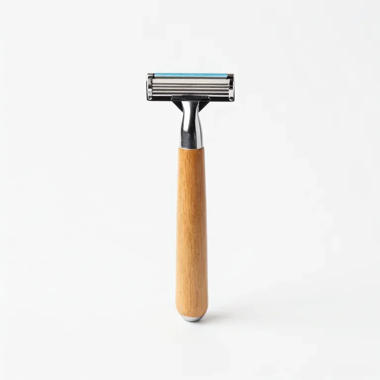 a safety razor with a wooden handle, side view, single item fully visible and centred, isolat...