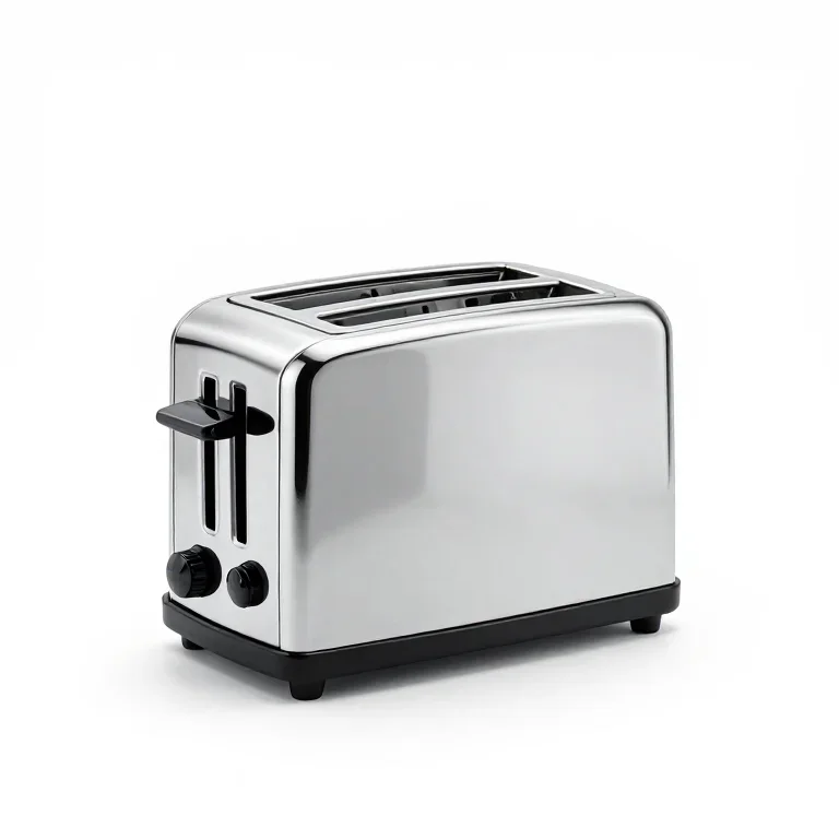 a sandwich toaster in chrome, three-quarter view, single item fully visible and centred, isol...