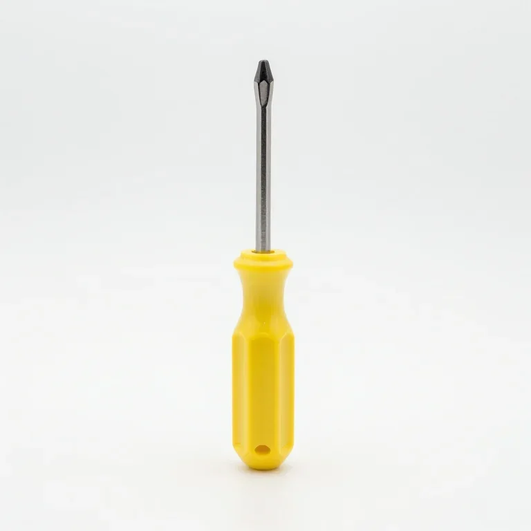 a screwdriver with a yellow handle, front view, single item fully visible and centred, isolat...