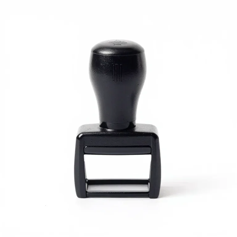 a self-inking date stamp, front view, single item fully visible and centred, isolated on a pu...