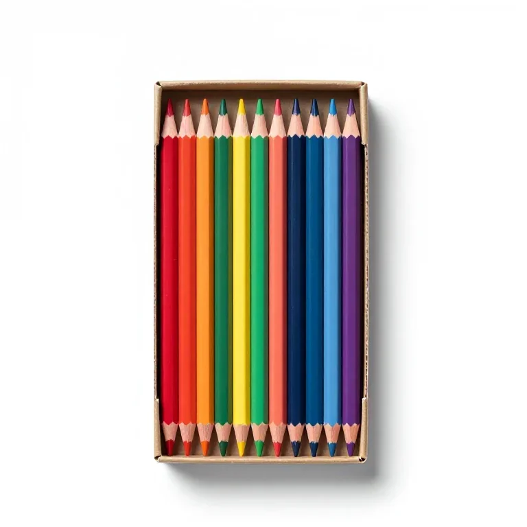 a set of coloured pencils in a cardboard box, top-down view, single item fully visible and ce...