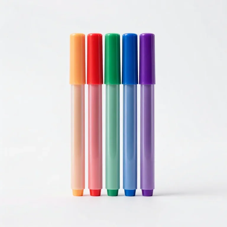 a set of highlighters in five colours, front view, single item fully visible and centred, iso...