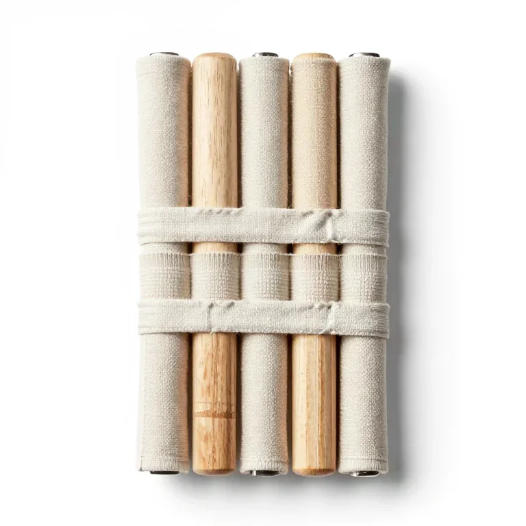 a set of six wood chisels rolled in canvas, top-down view, single item fully visible and cent...
