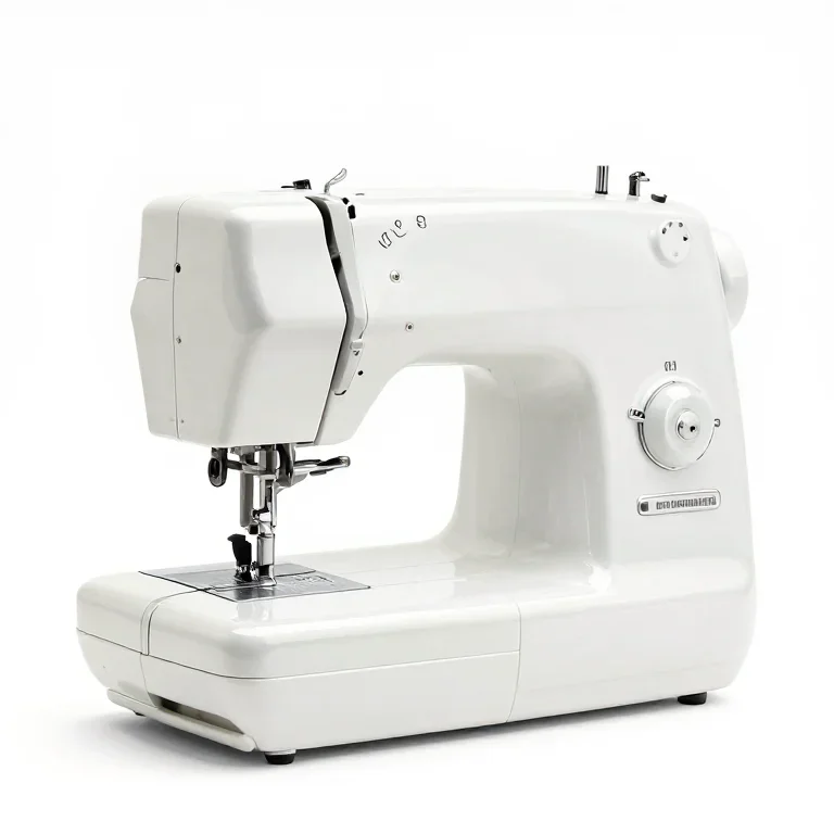 a sewing machine in white enamel, three-quarter view, single item fully visible and centred,...