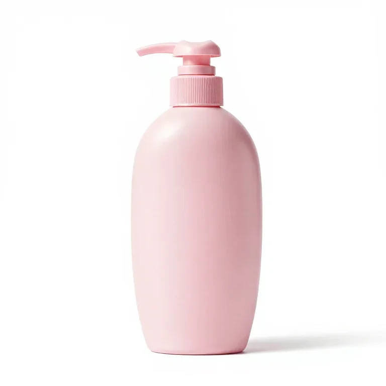 a shampoo bottle in pastel pink, front view, single item fully visible and centred, isolated...