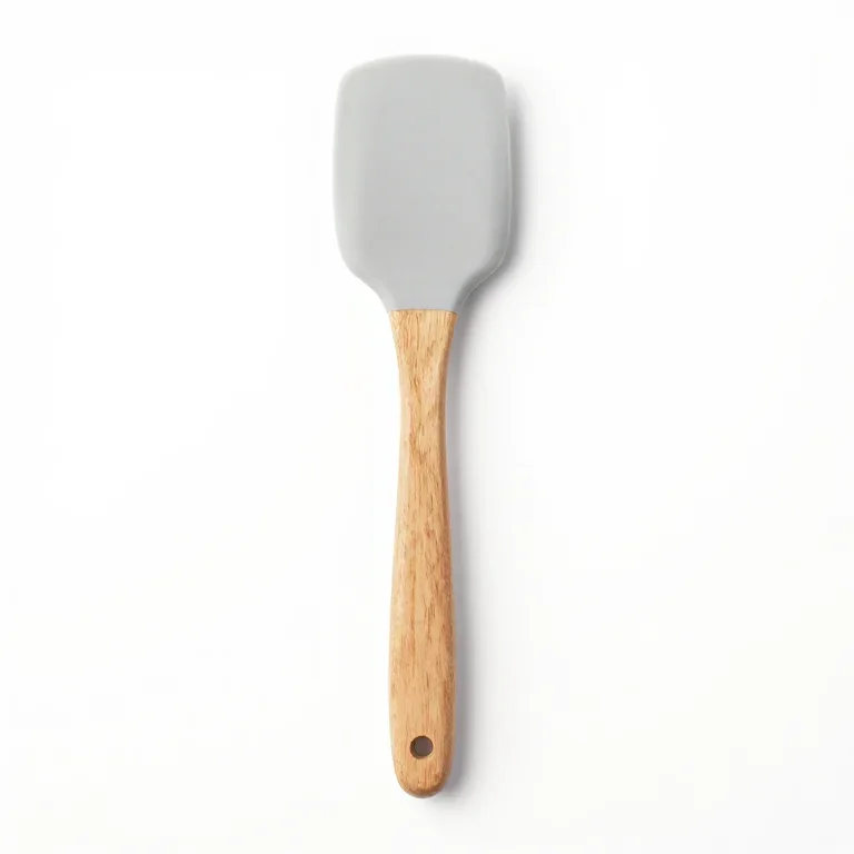 a silicone spatula with a wooden handle, front view, single item fully visible and centred, i...