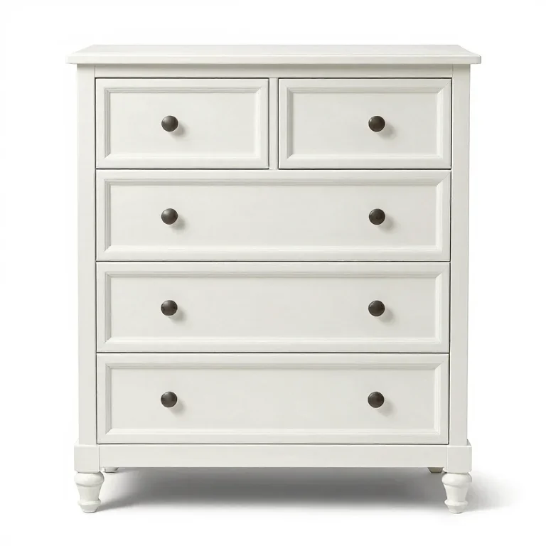 a six-drawer wooden dresser painted white, front view, single item fully visible and centred,...
