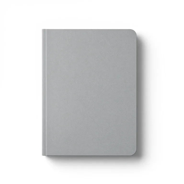 a sketchbook with a grey cover, three-quarter view, single item fully visible and centred, is...