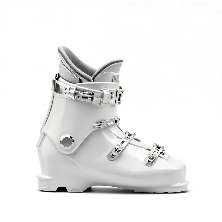 a ski boot in white plastic, side view, single item fully visible and centred, isolated on a...