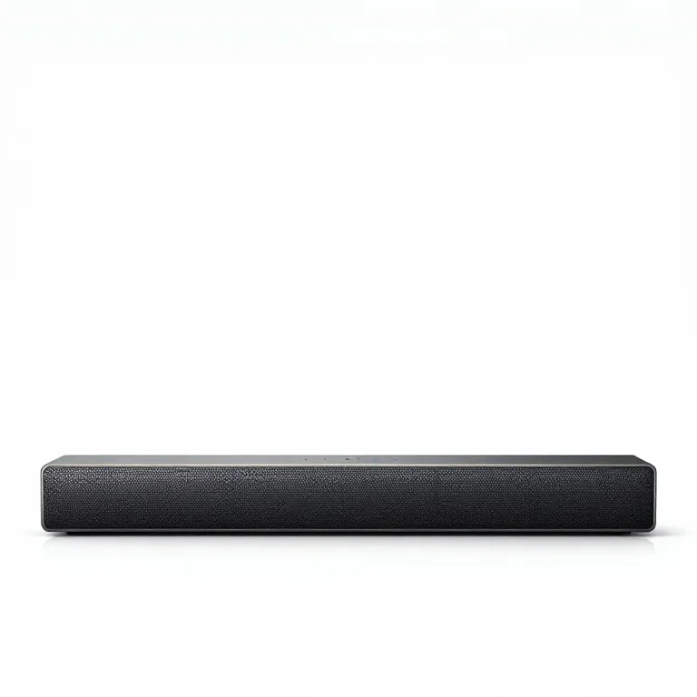 a slim soundbar speaker, front view, single item fully visible and centred, isolated on a pur...