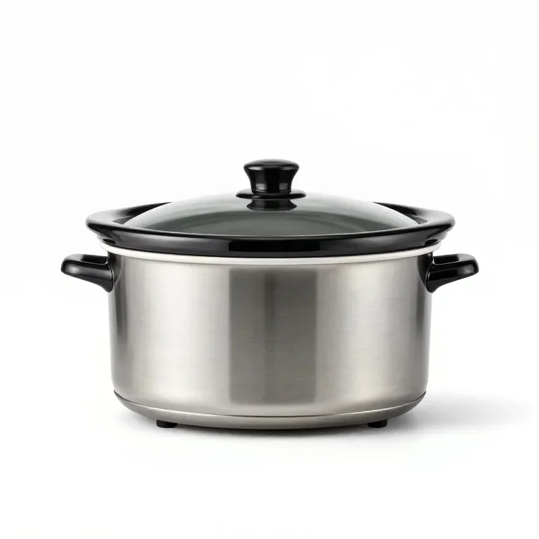 a slow cooker in stainless steel, side view, single item fully visible and centred, isolated...