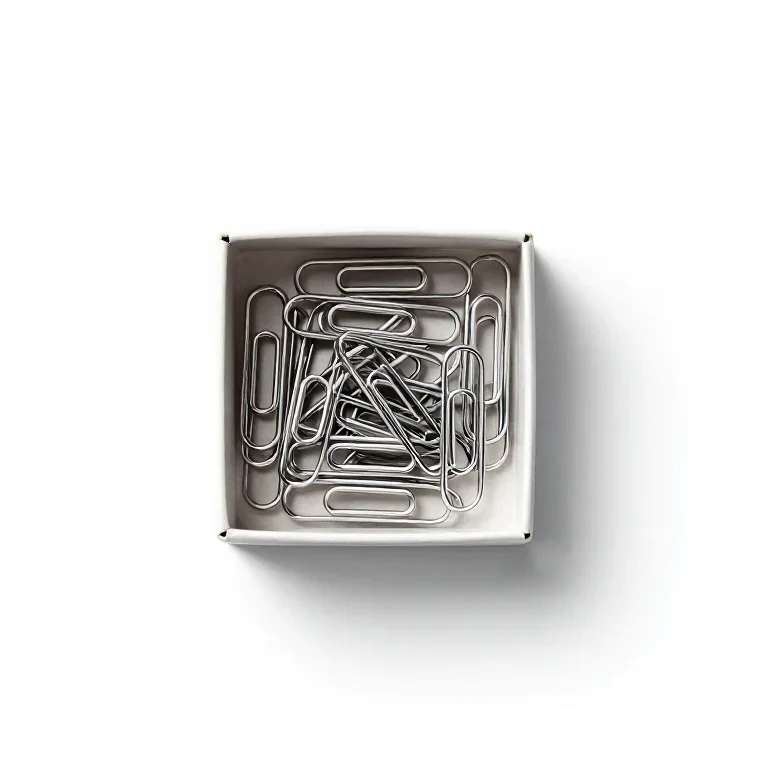 a small box of paper clips, top-down view, single item fully visible and centred, isolated on...