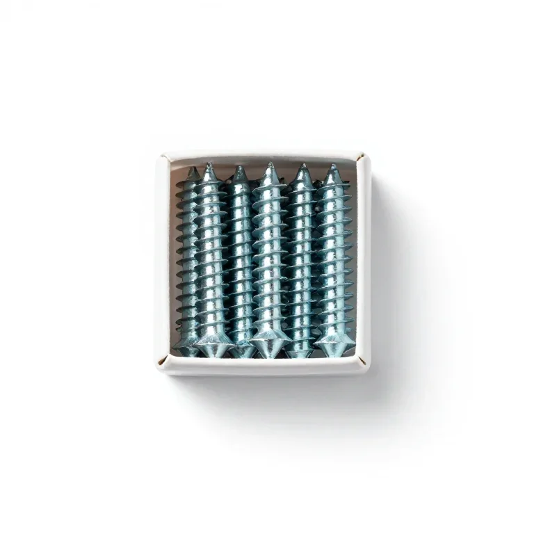 a small box of steel wood screws, top-down view, single item fully visible and centred, isola...