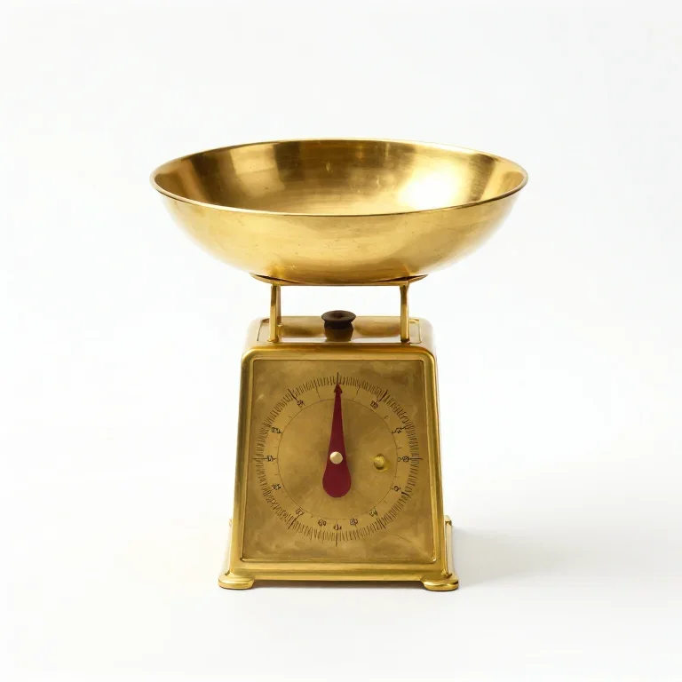a small brass kitchen scale, front view, single item fully visible and centred, isolated on a...