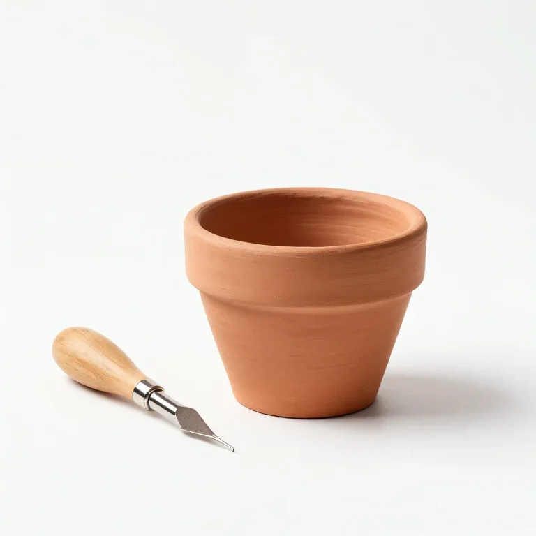 a small clay flower pot beside a sculpting tool, three-quarter view, single item fully visibl...